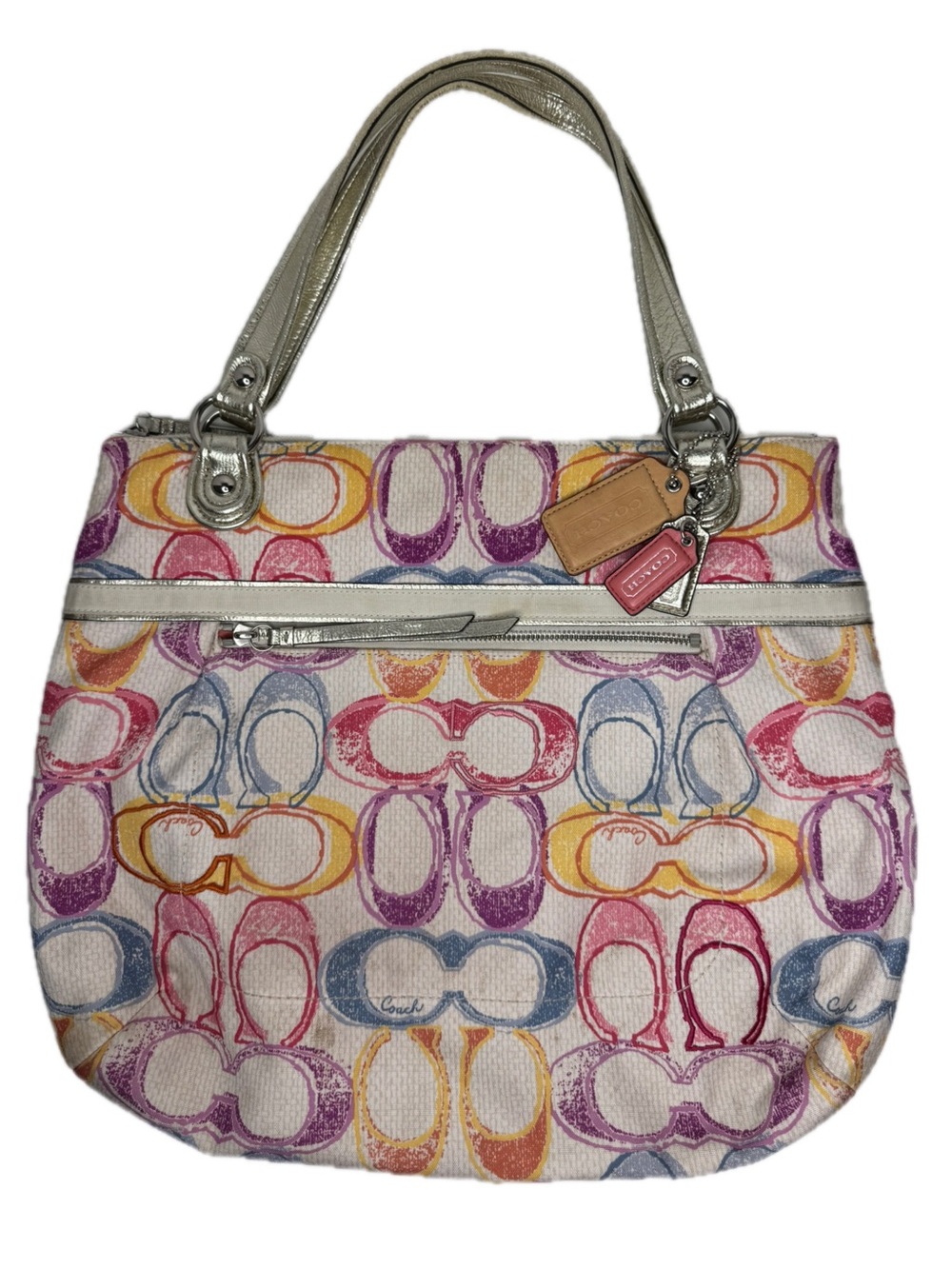 Coach Poppy C Glam Dream  Multicolor  Canvas Silver Leather Tote Purse Bag 19023